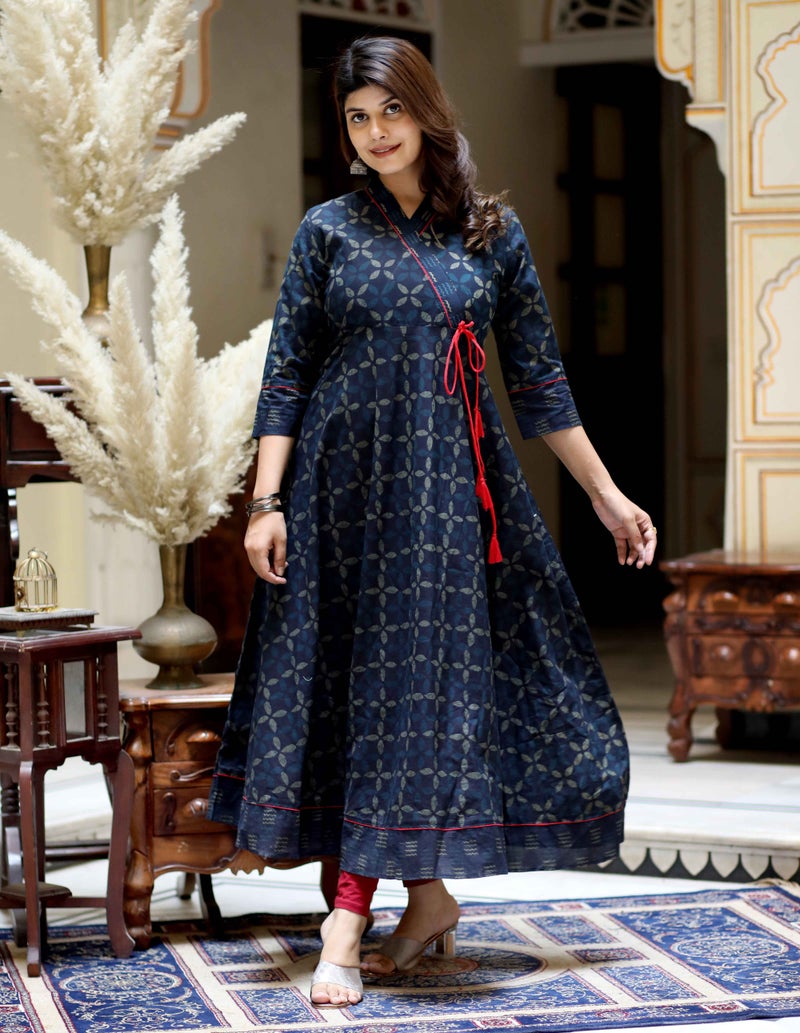 Miravan Blue Abstract Printed Angrakha Kurta for Women - Image 3